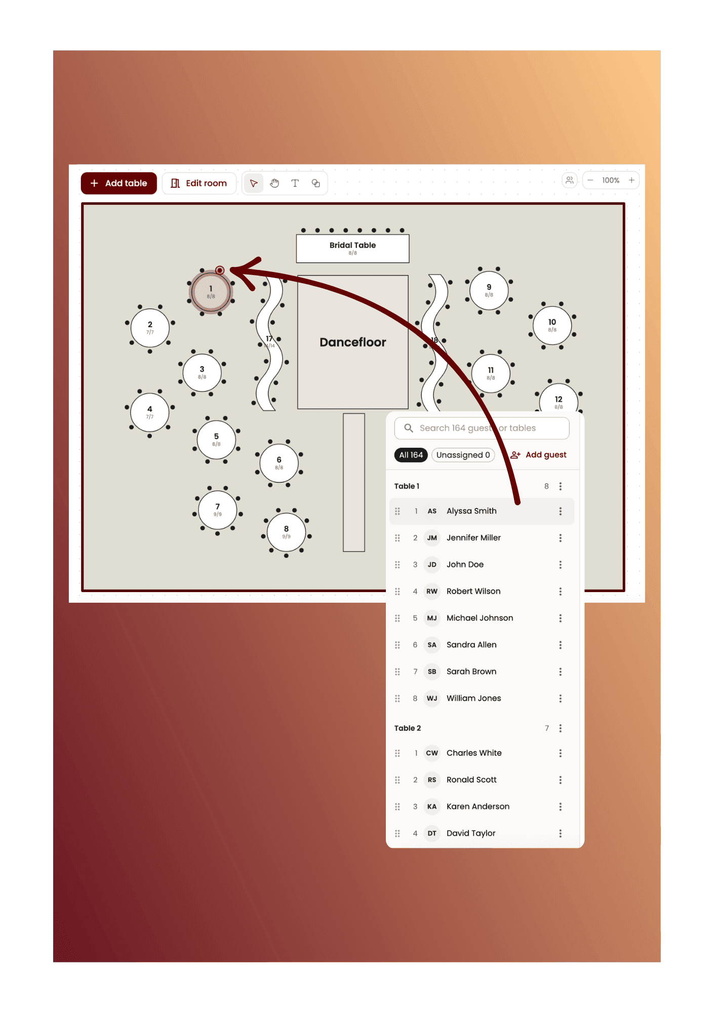 Dragging a guest onto a table in the seating chart builder
